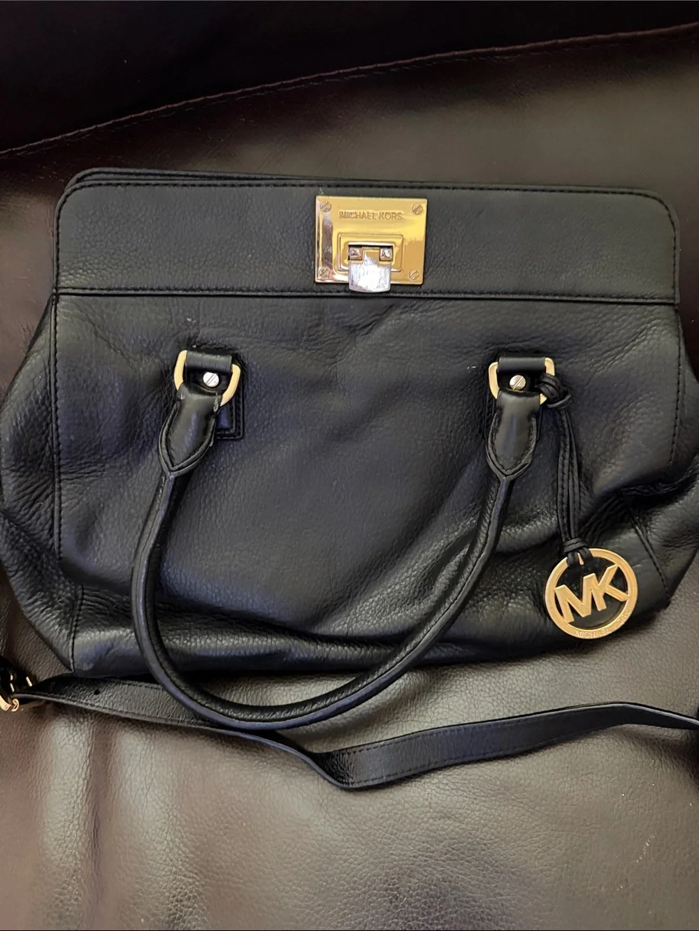 Michael Kors Black Leather Satchel with Gold Accents